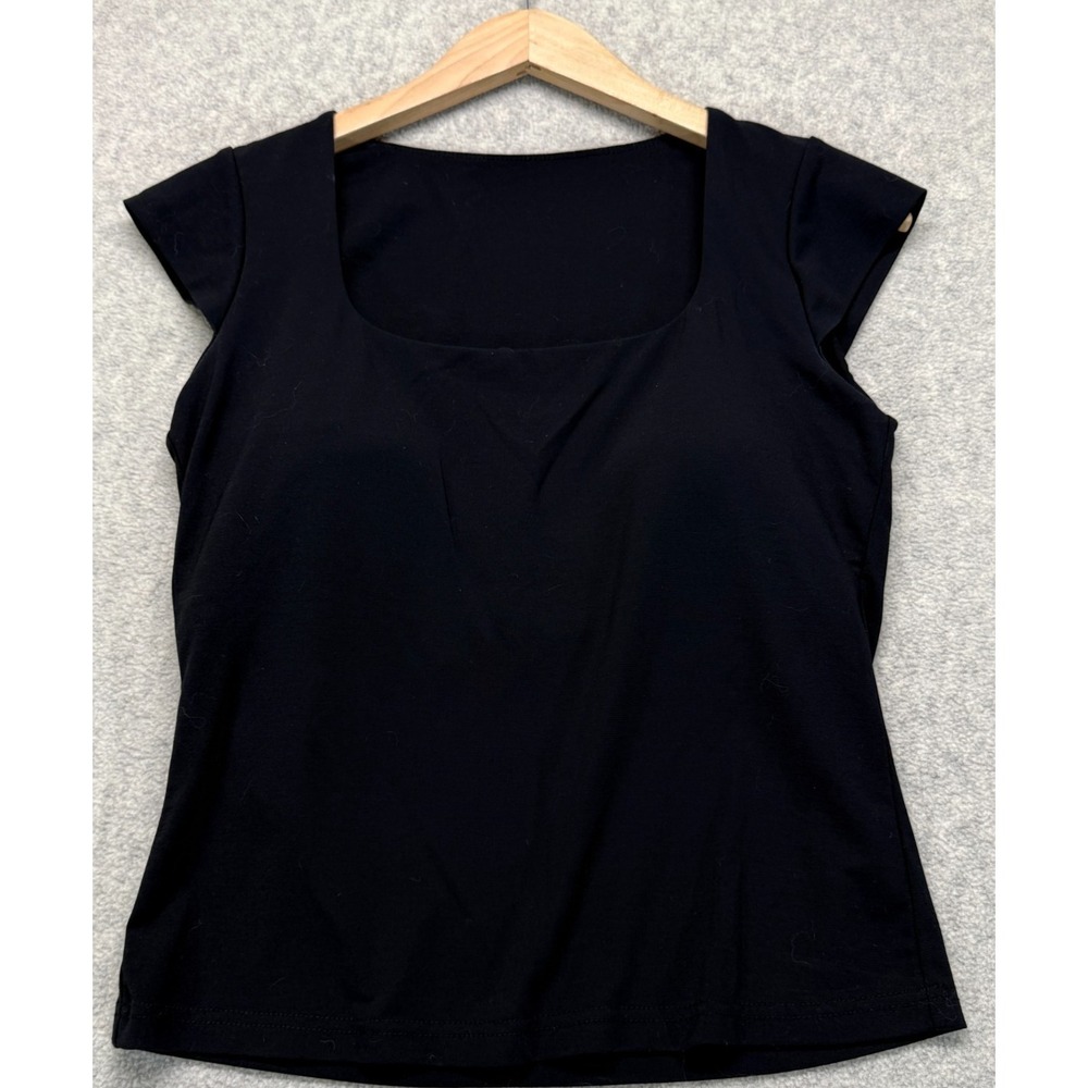 OGL Womens Blouse Top Deep Black Stretch Comfort Square Neck Cap Sleeve Medium